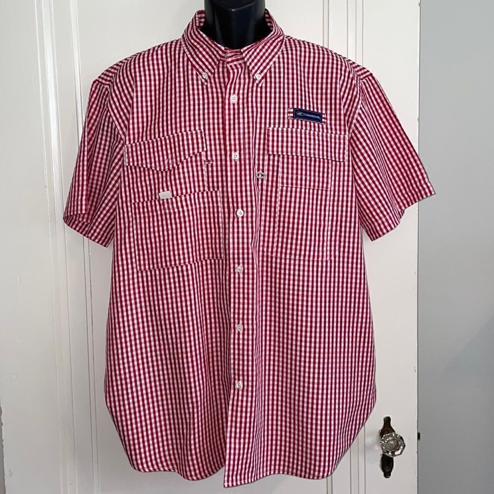 Turnrows red &‎ white check vented short sleeve polyester/cotton shirt